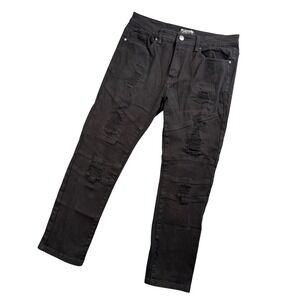 Platform Distressed Moto Jeans Mens 34x28 Black Ripped Slim Fit Denim‎ Pants